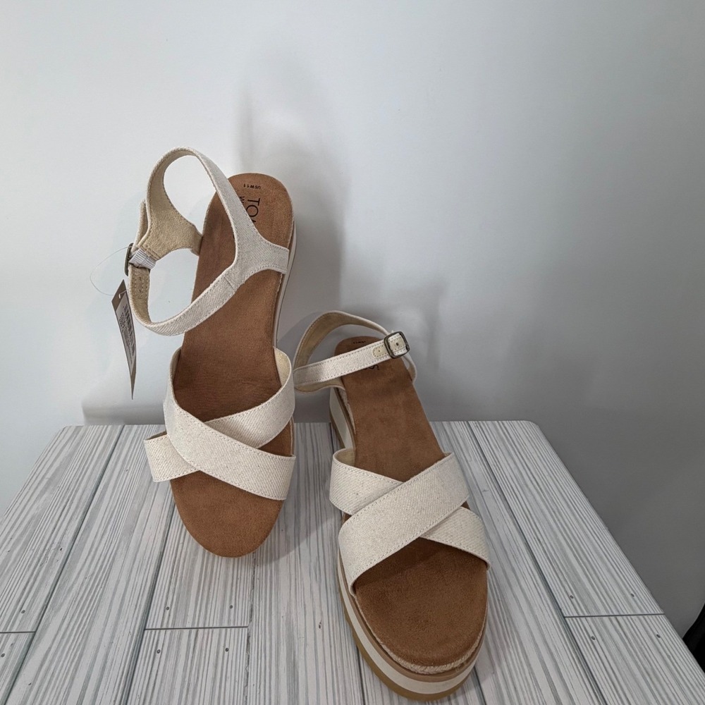 TOMS Gia Cream Chambray Canvas Platform Espadrille Sandals Womens 11 NEW